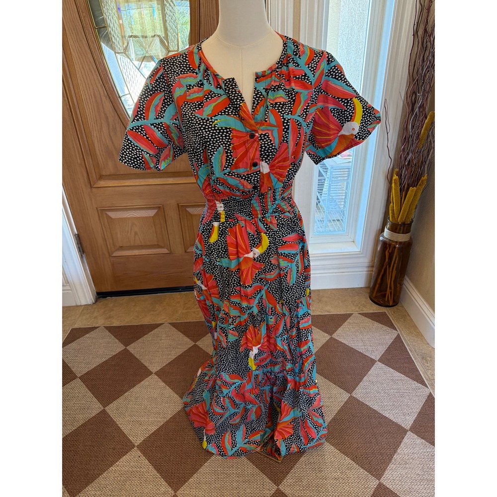 Nation AK Outfits Tropical Bird Polka Dot Cotton Maxi Dress XL Short Sleeve